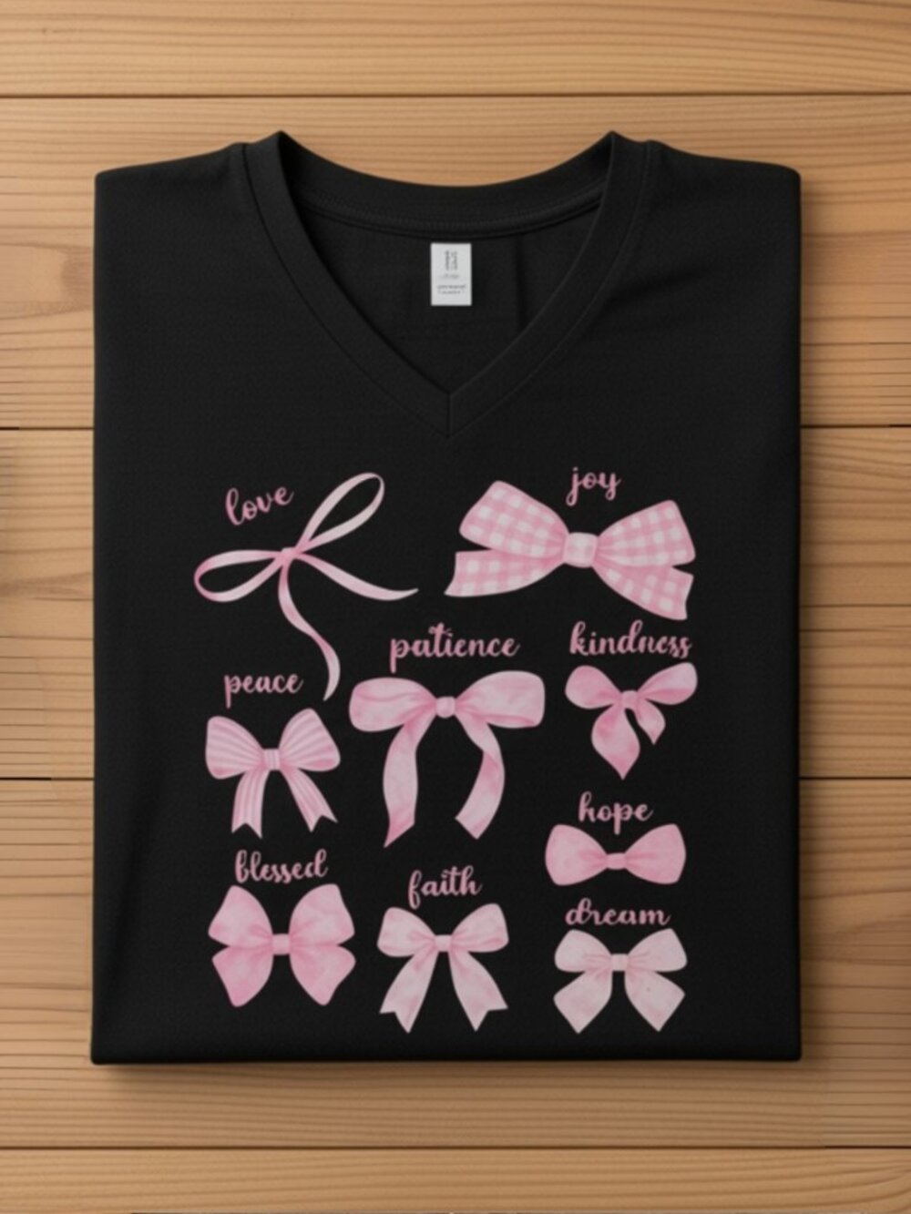 Studuio 33 Women’s Coquette Pink Bow Graphic V-Neck Short Sleeve Black Tee S-XL